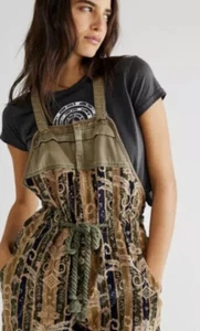 Free People Hold On Cord Overalls Drawstring Rope Green Blue Floral Print XS A3 - Picture 1 of 11