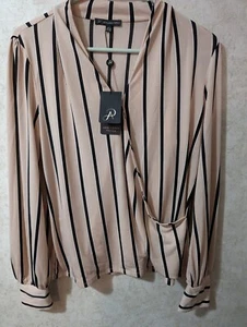 Adrianna Papell Damen Bluse Gr. Md Blush Schwarz Gestreift Faux Wickel Top LS - Bild 1 von 8