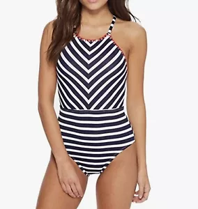 NUEVO CON ETIQUETAS NUEVO Traje de baño Tommy Bahama bretón a rayas cuello alto de una pieza 8 - $168 venta al por menor - Imagen 1 de 4