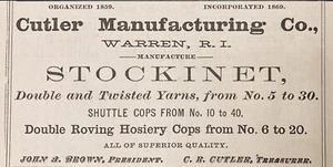 1883 AD(N18)~CUTLER MFG. CO. WARREN, RI. STOCKINET TWISTED YARNS & HOSIERY COPS - Picture 1 of 1