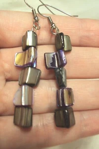 dainty dark gray + purple abalone sea shell chip + silver tone dangle earrings - Picture 1 of 2