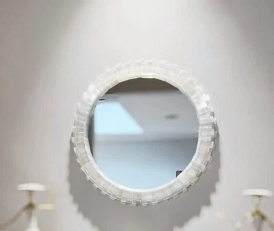 24" Selenite Stone Round Shape Wall Hanging Mirror Overlay Work for Bedroom Deco - Image 1 of 4