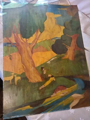 Antiguo óleo a bordo postimpresionista paisaje, castillo y niños jugando flauta Foto 1 de 4