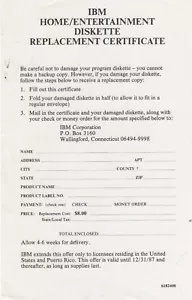 ITHistory (1987) IBM DOCUMENT: Home Entertainment Diskette Replacement Certif - Bild 1 von 1