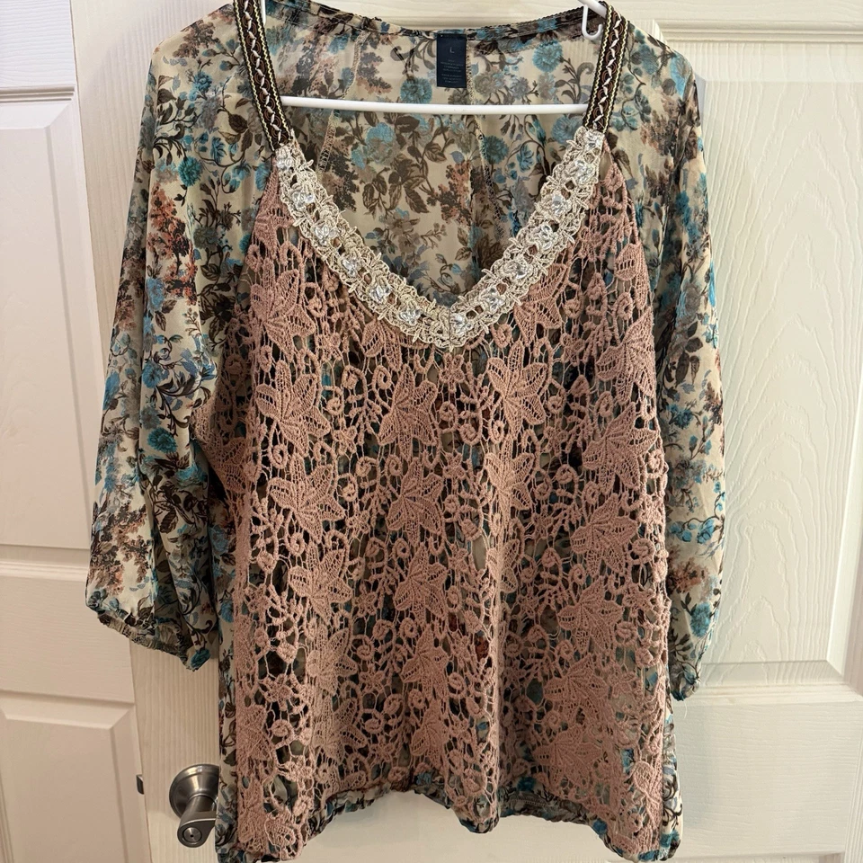 BKE Women’s Semi Sheer Top With Lace Overlay Boho Floral Festival L Beaded - Image 1 of 4
