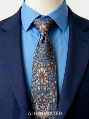 Corbata floral de seda azul marrón elegante patrón artístico 100 % Museo de Bellas Artes Boston Foto 1 de 4