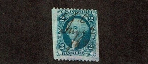1862-71 Revenue First Issue Wash. 2c Blue BANK CHECK Part PerfSc#R5b Pen Cancel - Picture 1 of 1