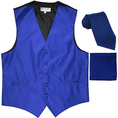 New Men's Formal Vest Tuxedo Waistcoat_necktie set striped wedding royal blue - Image 1 of 4
