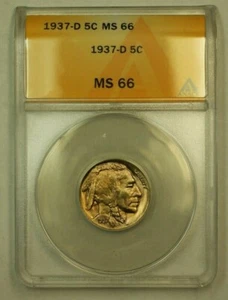 1937-D Buffalo Nickel 5c ANACS MS-66 (A) (WW) - Picture 1 of 2