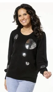 Colleen Lopez Women’s Conversational Sequin Heart Sweater Size Small Black - Picture 1 of 6
