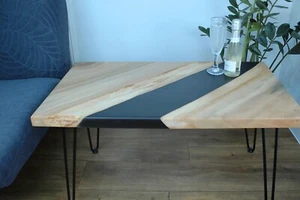 Epoxy River Table Live Edge Coffee Table with Grey Resin & Natural Wood Rustic - Picture 1 of 7