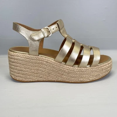 FitFlop Platform Wedge Espadrille Sandals Womens Size 8 Gold Leather Buckle Shoe - Image 1 of 4