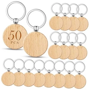50 Pcs Round Wooden Keychain Blanks Laser Engraving Wood Blanks Key Chain - Picture 1 of 8
