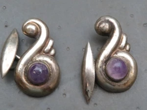 VERY RARE VINTAGE HUBERT HARMON Taxco Mexican STERLING SILVER AMETHYST Cufflinks - Picture 1 of 6