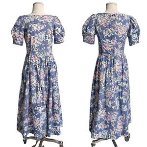 80s Vintage Laura Ashley Dress short puff sleeve abstract floral long preppy - Picture 1 of 9