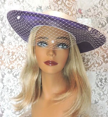 Vintage Ladies Purple & White Church Derby Garden Party Wide Brim Hat - Image 1 of 4