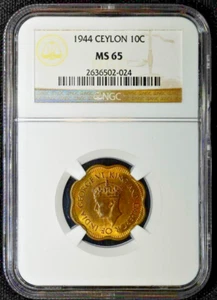 Ceylon 10 Cents 1944 MS65 NGC nickel-brass KM#118 10c FINEST Ultra Gem WWII - Picture 1 of 9