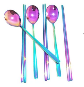 3 Pairs Stainless Steel Chopsticks and Spoon Set Reusable Metal Stainless Ste... - Picture 1 of 5