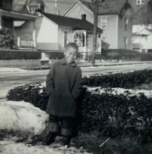 African American Boy With Hands In Pockets By Snow B&W Photograph 3.5 x 3.5 - Picture 1 of 3