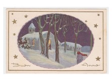 1949 cartolina augurale d'epoca Buon Anno paesaggio innevato chiesa stelle