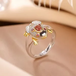 Anillo rana F02 con ágata roja plata de ley 925 ajustable - Imagen 1 de 5