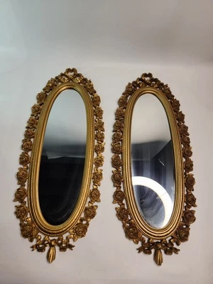 MCM Hollywood Regency Gold Oval Wall Mirror Syroco 2324 Floral Roses 25 X 10” - Image 1 of 4