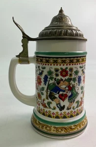 Vintage BMF - German Beer Stein - Glass Pewter Lid - Colourful Floral Pattern - Picture 1 of 15