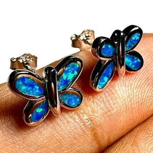 Beautiful Blue Fire Opal Butterfly Earrings 925 Sterling Silver Studs Gift Women - Picture 1 of 10