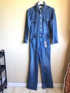 New Womens Mango Long Sleeve Button Up Flare Leg Denim One Piece Jumpsuit Small - Picture 1 of 3