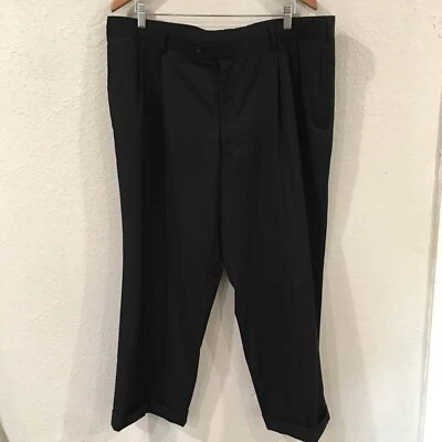 Joseph & Feiss 男式 42x26 正装裤子黑色袖口 100% 羊毛条纹褶饰经典 — 第 1/4 张图片