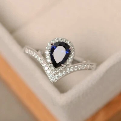 1.50 Carat Pear Cut Sapphire Natural  Diamond Wedding Ring 14K White Gold size 8 - Image 1 of 4
