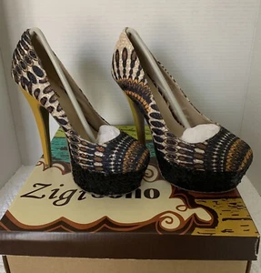 NIB ZIGI SOHO PRINTY SEQUIN PLATFORM PUMPS SIZE 6.5 In YELLOW/BLACK FABRIC RARE - Picture 1 of 6