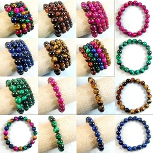 Handmade Colorful Tiger's Eye Gemstone Round Beads Stretchy Bracelet - Picture 1 of 8