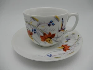 Antique Porcelain Cup Saucer Dragonfly & Flowers 1883 - Imagen 1 de 11