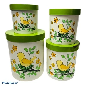 4 Canisters Set Bird On Nest Melamine Japan Lorrie Designs MCM 1970s Vintage - Picture 1 of 10