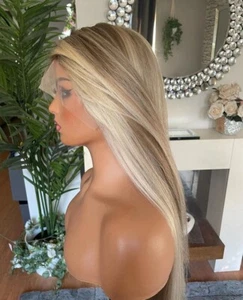 Blonde Perücke glatt lang Lace Frontal Perücken aschbraun blond Highlights Echthaar - Bild 1 von 7