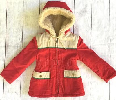 Vintage Kids Corduroy Coat Sz 4T Boy Girl Red Hooded Winter Jacket Needs Repair - Image 1 of 4