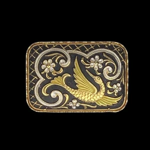 Vintage Damaszener Gold Schwarz Rechteck Brosche Anstecknadel Klassisch Vogel Blumenmuster - Bild 1 von 10