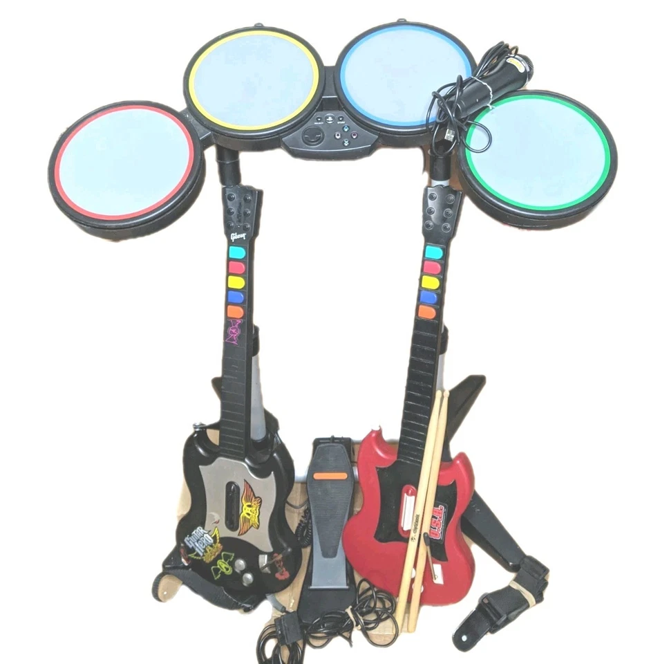 Playstation PS2/P33 Rock Band Drum Set Bundle - 2 Guitars/Drum Controller TESTED - Image 1 of 4