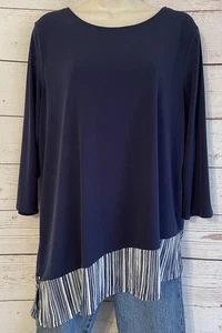 Easywear by Chico's Tunic Top sz 2 sz Large Blue Asymmetrical Hem Striped Trim - Picture 1 of 7