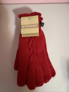 NWT Women’s Isotoner Red Acrylic Gloves Lined With Faux Fur Cable Knit - Picture 1 of 3