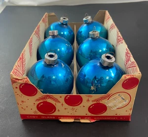 6 Vintage Coby blau Glas Christbaumschmuck Set Made in USA 2" rund - Bild 1 von 9