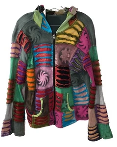 KPC Jacket Hoodie Full Zipper Boho Patchwork Tattered Festival - Women Size M - Picture 1 of 12