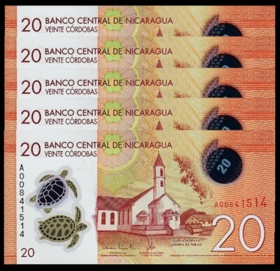 Nicaragua 20 Cordobas 2014 - 2015 , Unc , 5 PCS CONSECUTIVE LOT , P-210 ,Polymer - Image 1 of 2