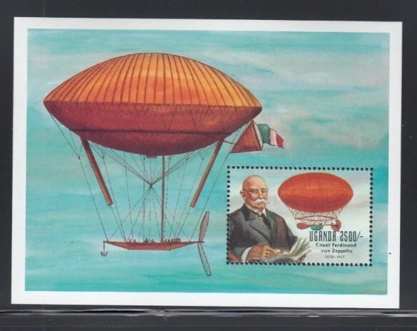 UGANDA Conde Ferdinand von Zeppelin, Aviator MNH hoja de recuerdo Foto 1 de 1