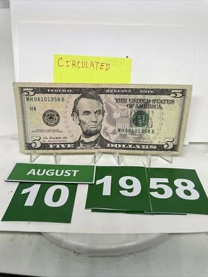 Birthday/Anniversary Note $5 Bill. August 10 1958. 08101958.Fancy Serial Number - Image 1 of 4