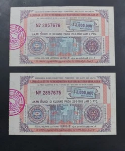 Vintage Lottery Malaysia 1988 2pcs Running Number - Picture 1 of 2