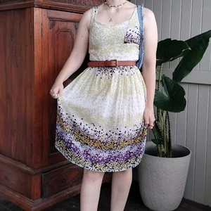Womens Dress Size 12 White Midi Floral A Line Pleated Ombre Lolita Church Party - Picture 1 of 12