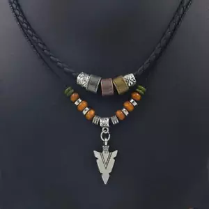 Layered Leather & Beaded Necklace – Vintage Tribal Arrow Pendant for Men - Picture 1 of 5
