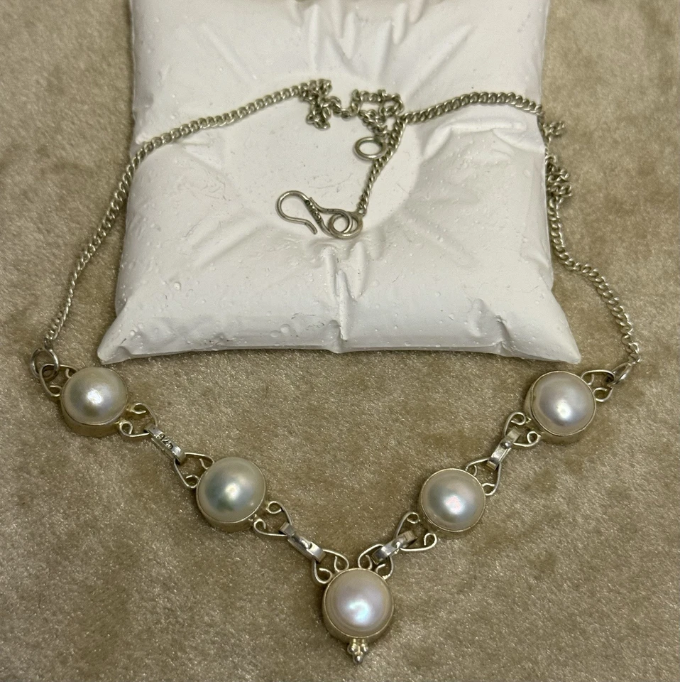 925 Silver Necklace with Large Round Pearls – Elegant Handmade Design - Image 1 of 4
